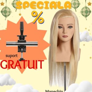 Cap de manechin cu păr - Cap de manechin cu par natural si lung, L’IMAGE, blond platinum, pentru competitii si utilizare individuala, 50cm, Elena