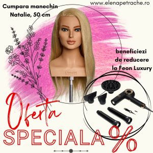 Cap de manechin cu păr - PROMO SET !!!Cap manechin par natural L’IMAGE, pentru practica si concurs, blond, 50cm, Natalie + Uscator de par Luxury EJIK
