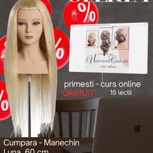 Cap de manechin cu păr - PROMO !!!Cap pentru coafat par natural, L’IMAGE Luna, 60cm, + Curs Coafuri Texturate Online GRATUIT